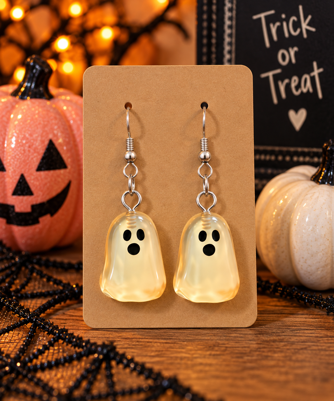 Pale yellow translucent ghost dangle earrings for Halloween