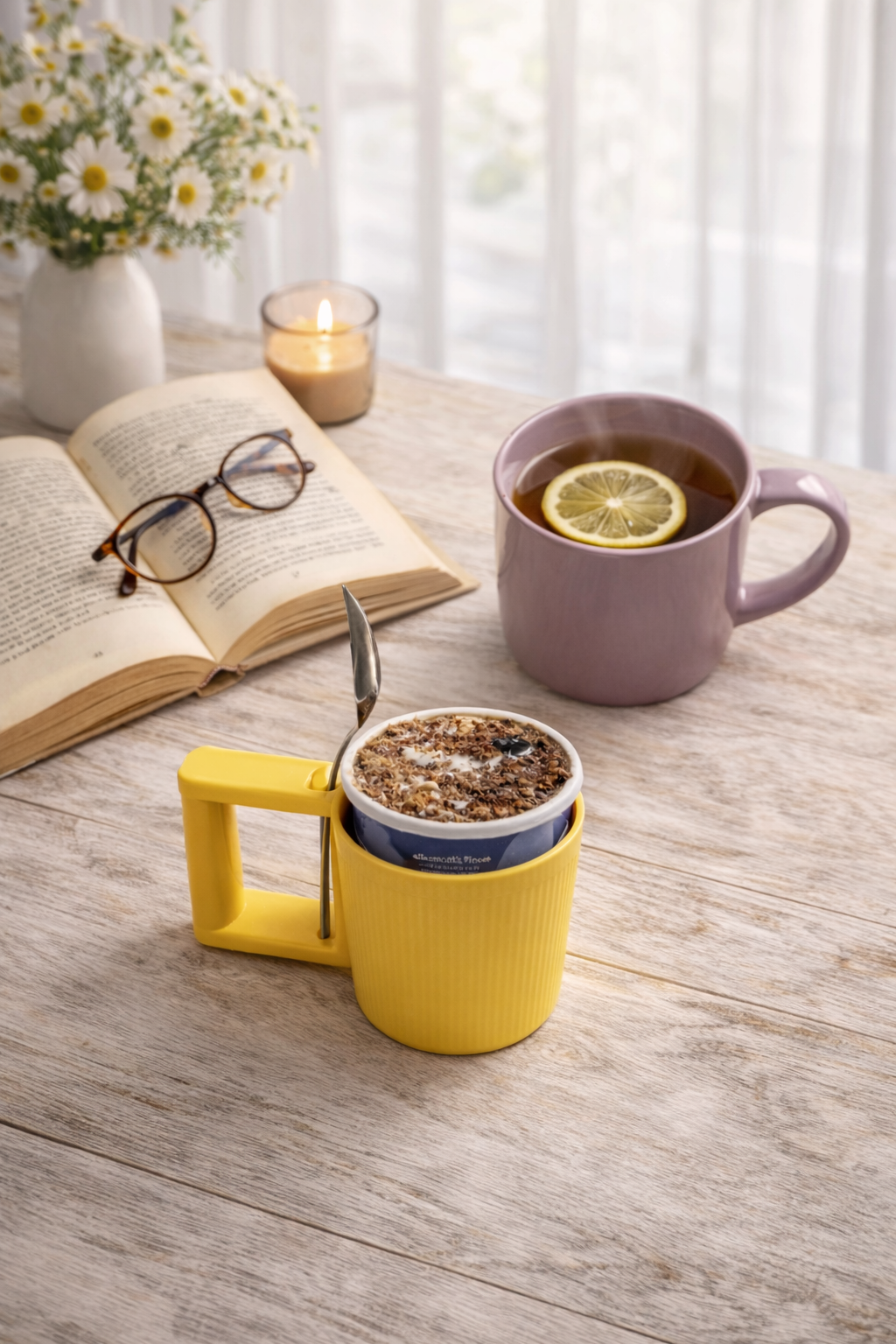 Yellow ice cream holder with a blue ice cream cup and spoon on a cozy flatlay with an open book, candle, and lavender tea mug in soft neutral tones