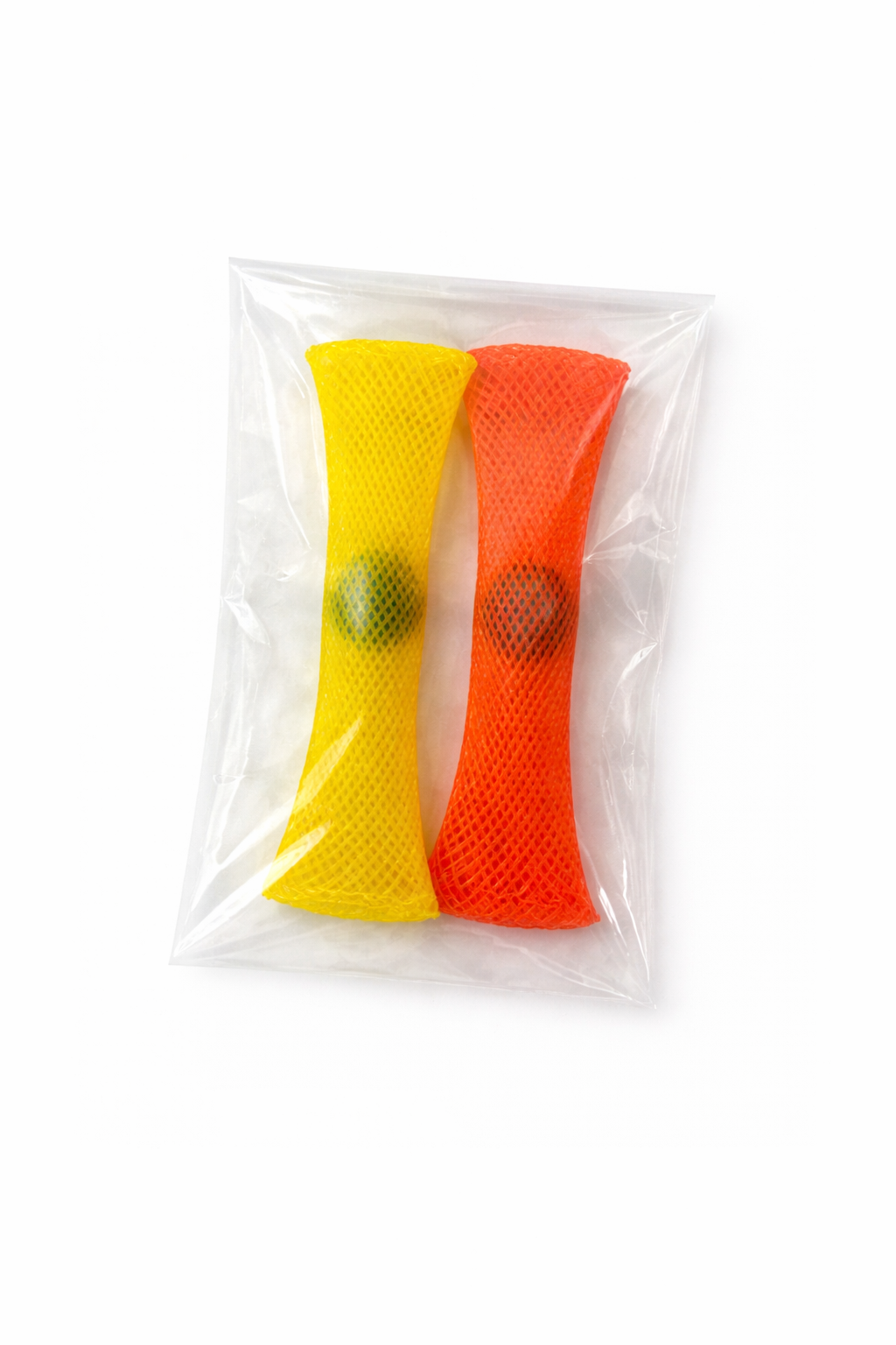 Yellow and orange braided mesh marble fidget toys in clear plastic packaging with green marbles inside the mesh sleeves.