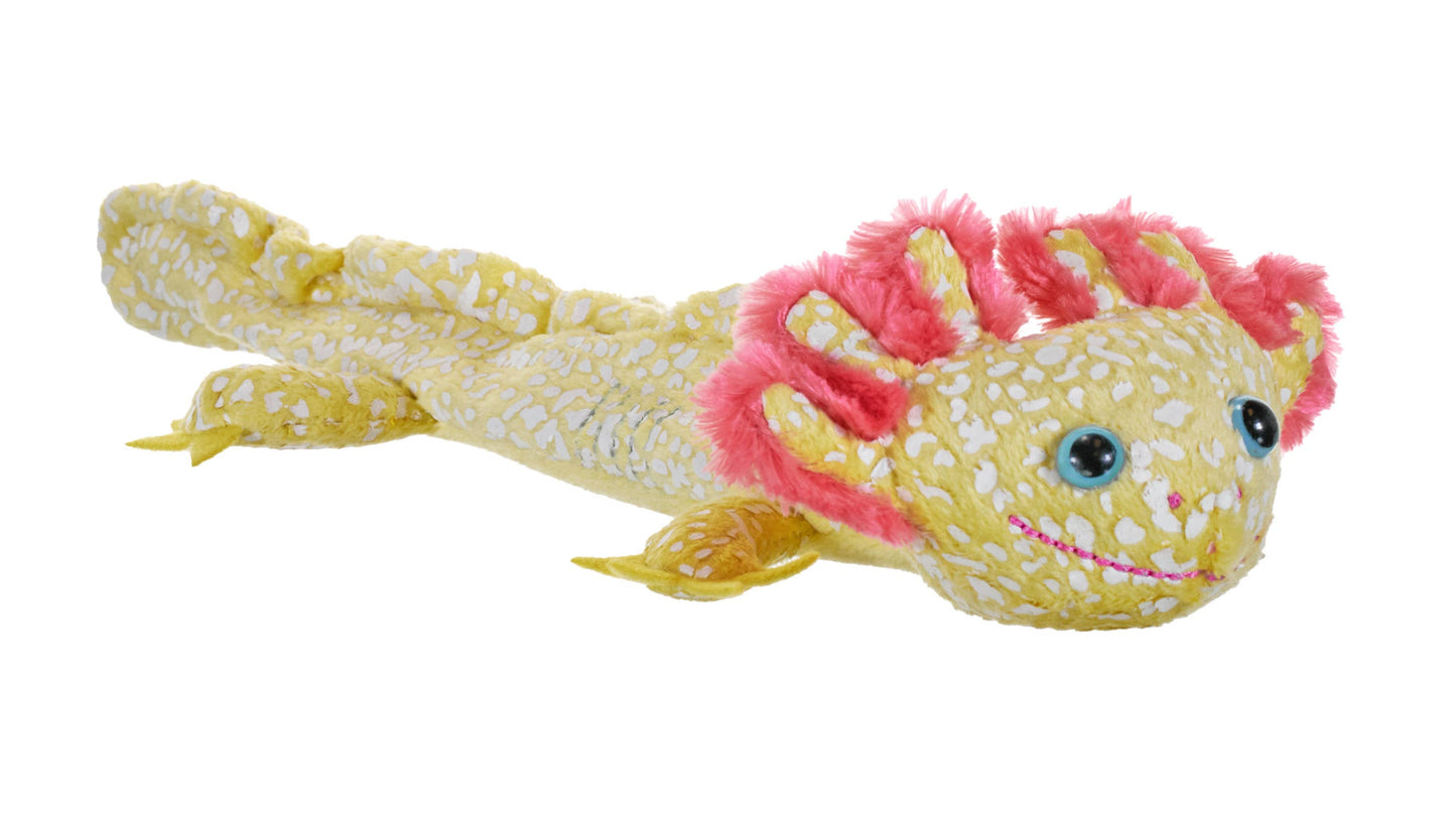 Yellow spotted axolotl stuffed animal with bright pink gills and blue eyes on a white background.