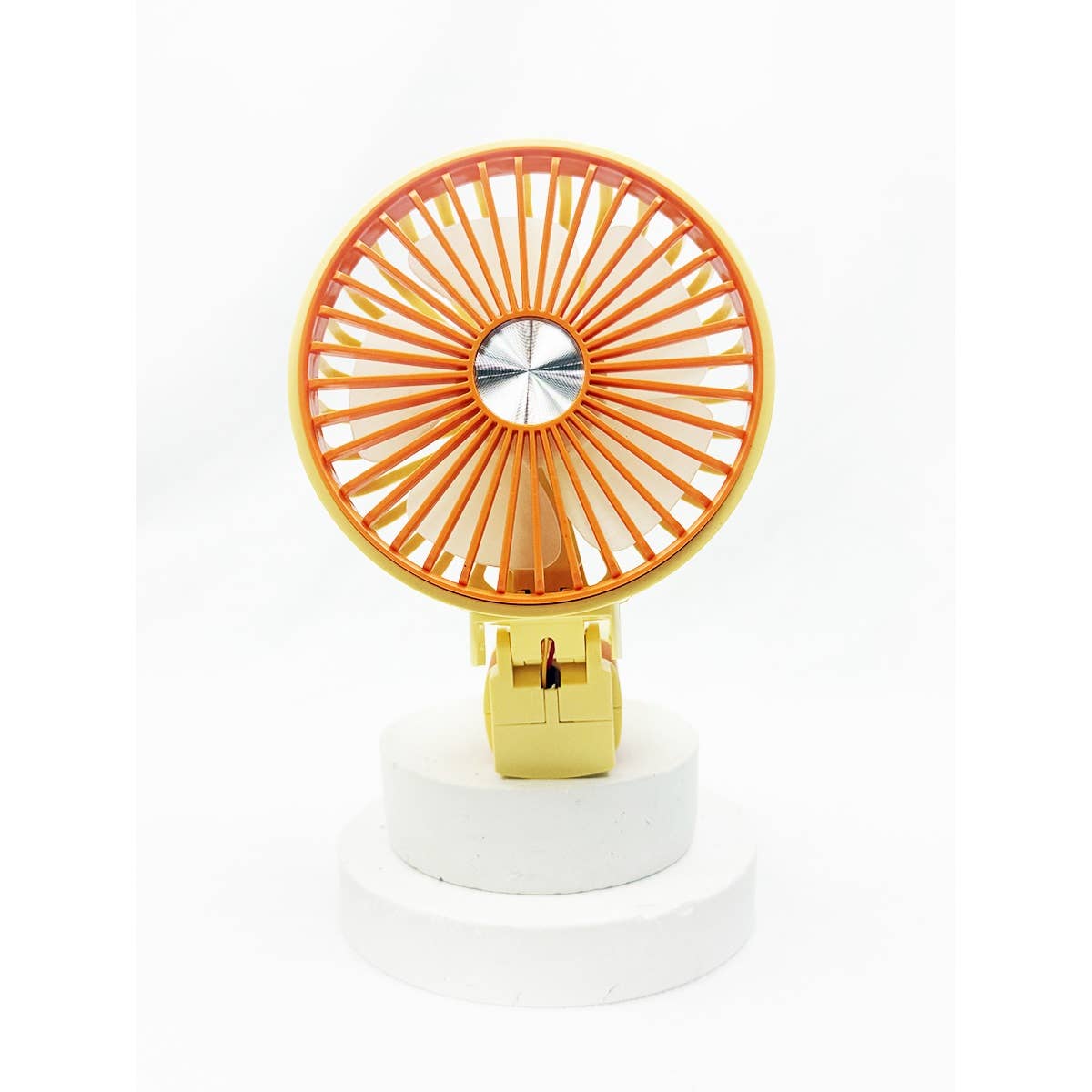 Front view of yellow portable USB rechargeable fan