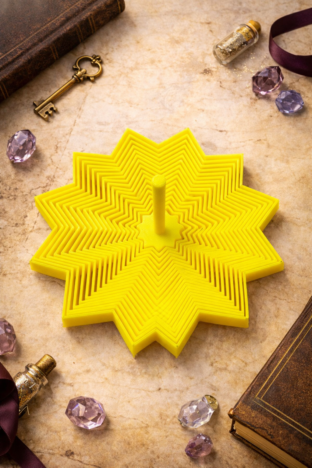 Yellow silicone mold on a textured surface with books and decorative items.