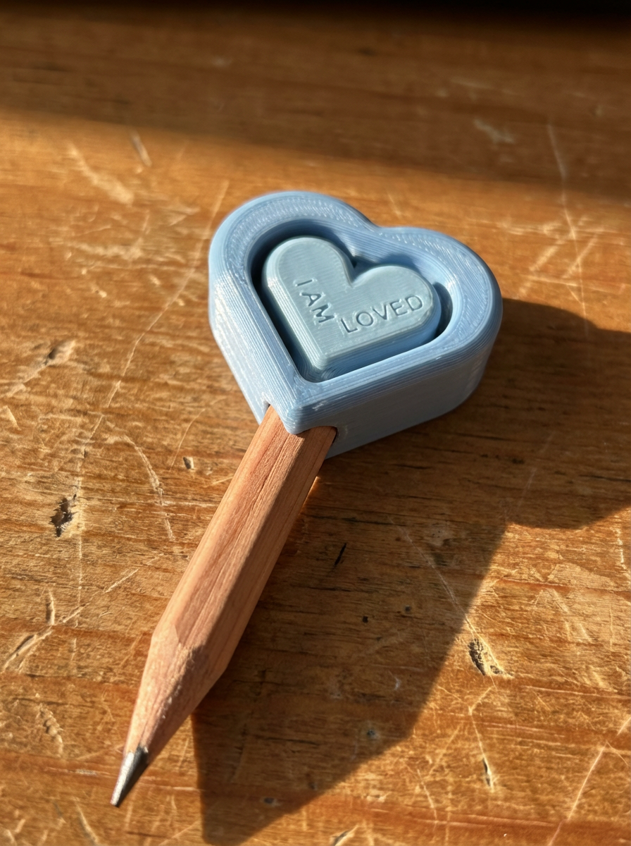 Single blue heart-shaped spinning pencil topper that reads You Are Loved, attached to a wooden pencil on a sunlit wooden surface