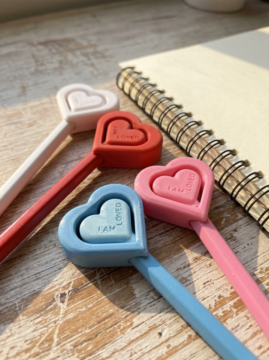 Close-up of heart-shaped spinning pencil toppers in pink, blue, red, and white that read You Are Loved, resting on a wooden desk beside a spiral notebook