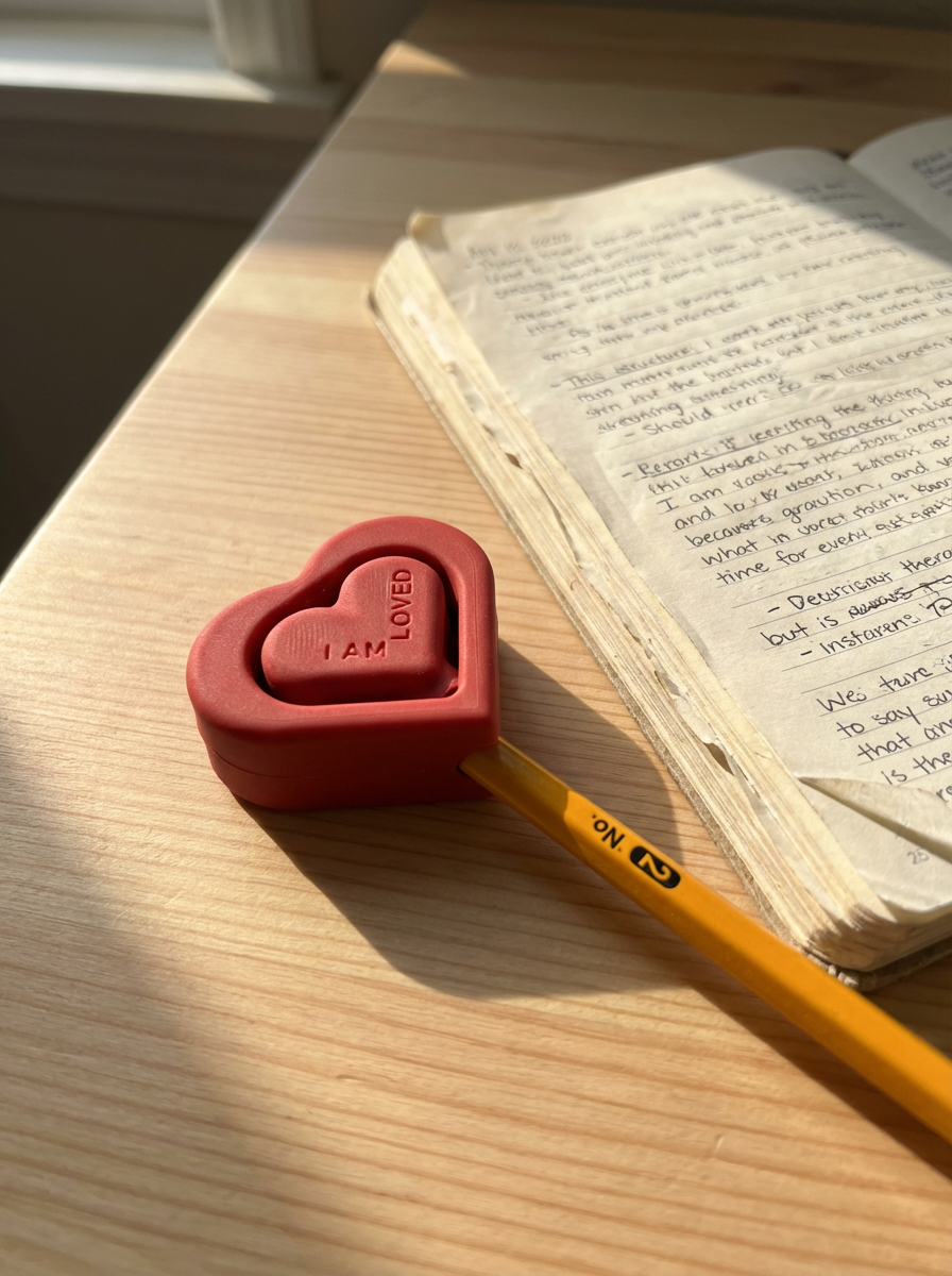Red heart-shaped spinning pencil topper that reads You Are Loved, attached to a yellow pencil resting on a sunlit desk beside an open notebook