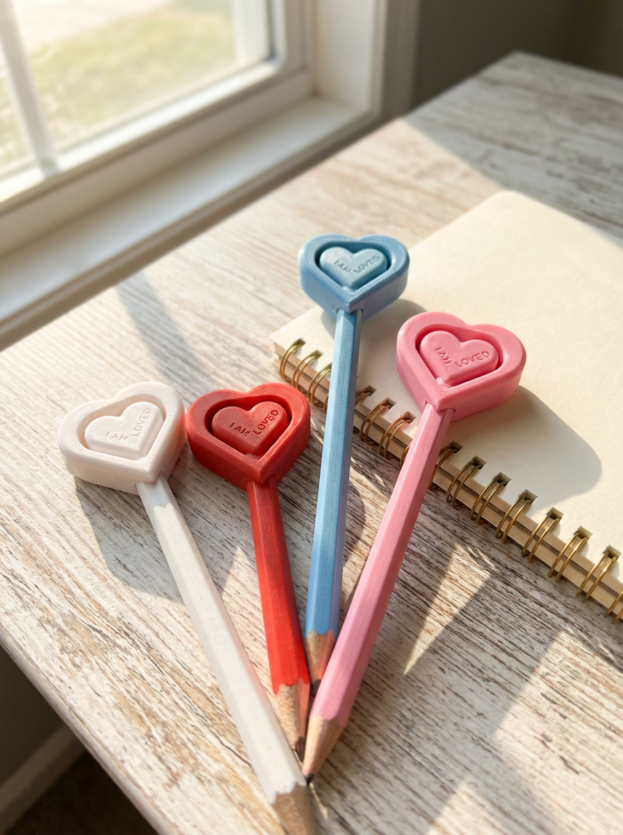 Four heart-shaped pencil holders in different colors on a wooden surface with a notebook.