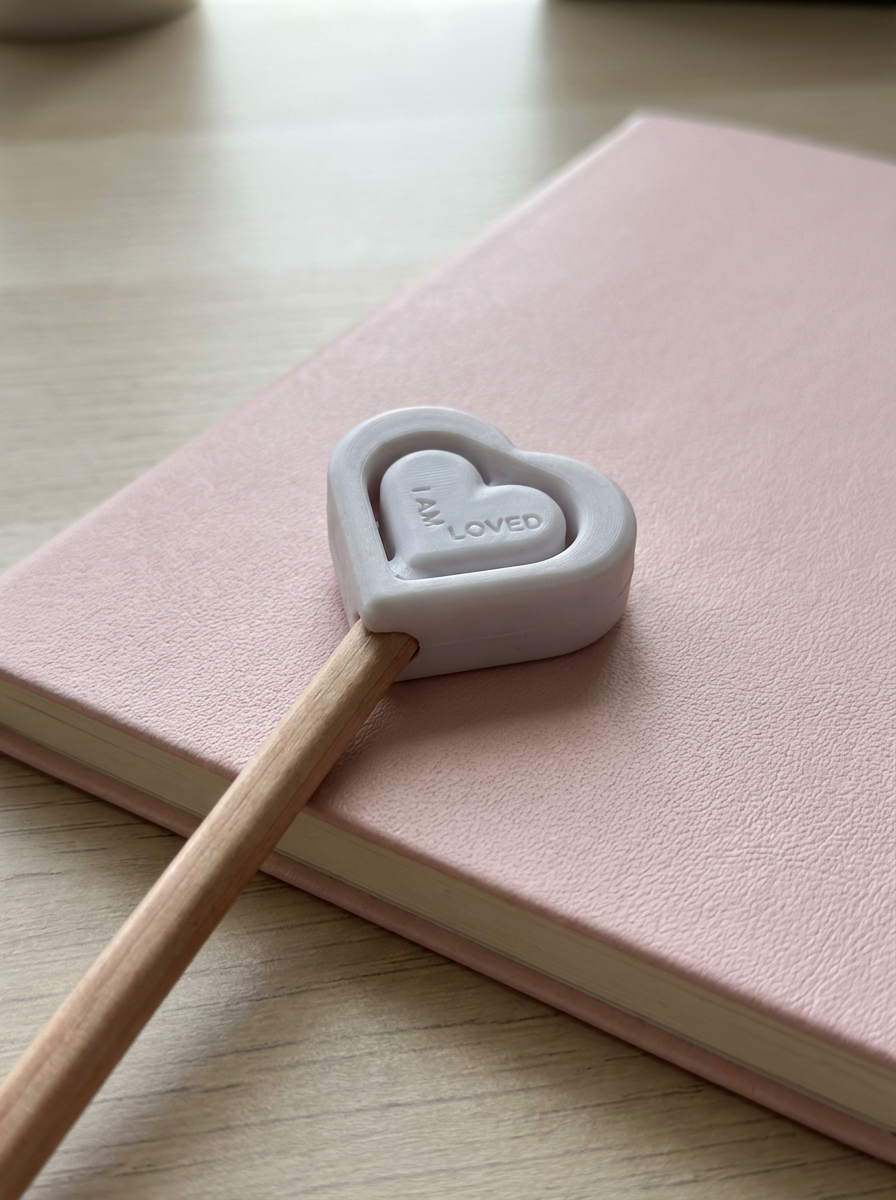 White heart-shaped spinning pencil topper that reads You Are Loved, attached to a wooden pencil resting on a soft pink notebook on a light desk