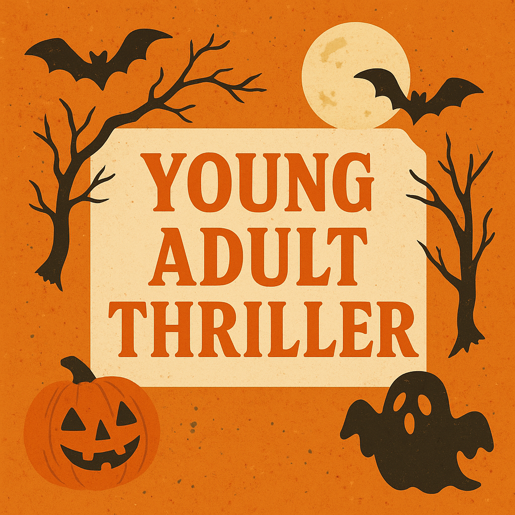 Halloween-themed book cover with 'Young Adult Thriller' text on an orange background.
