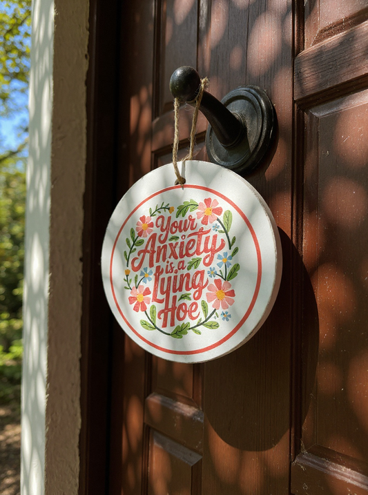 round floral hanging sign on a wooden door that reads your anxiety is a lying hoe in bright decorative lettering