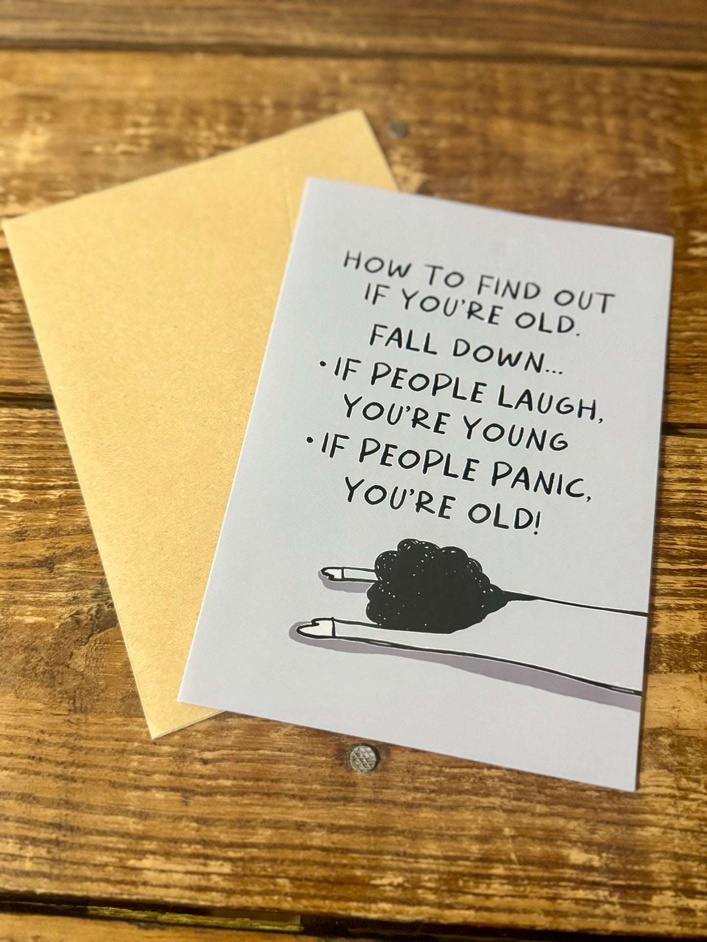A humorous birthday card featuring the message: How to Find Out If You’re Old: Fall Down... If People Laugh, You’re Young. If People Panic, You’re Old!