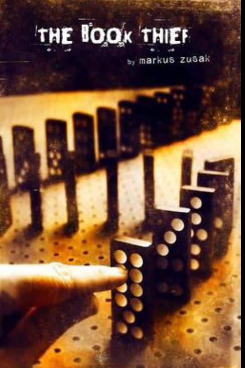 Front cover of The Book Thief by Markus Zusak, featuring an image of a domino trail against a sepia-toned background.